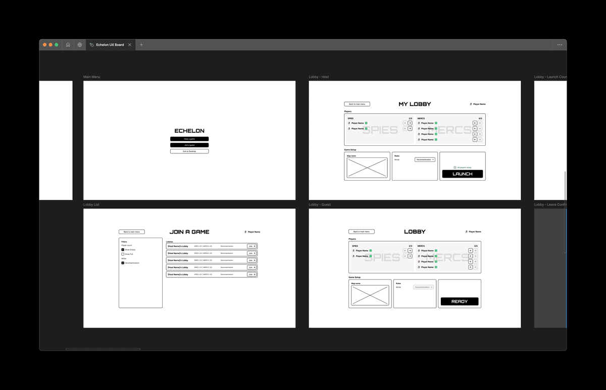 Menu wireframes